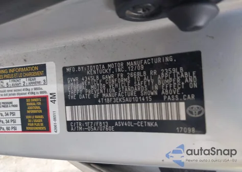 2010 Toyota Camry Le z USA, uszkodzony, nr VIN 4T1BF3EK5AU101415